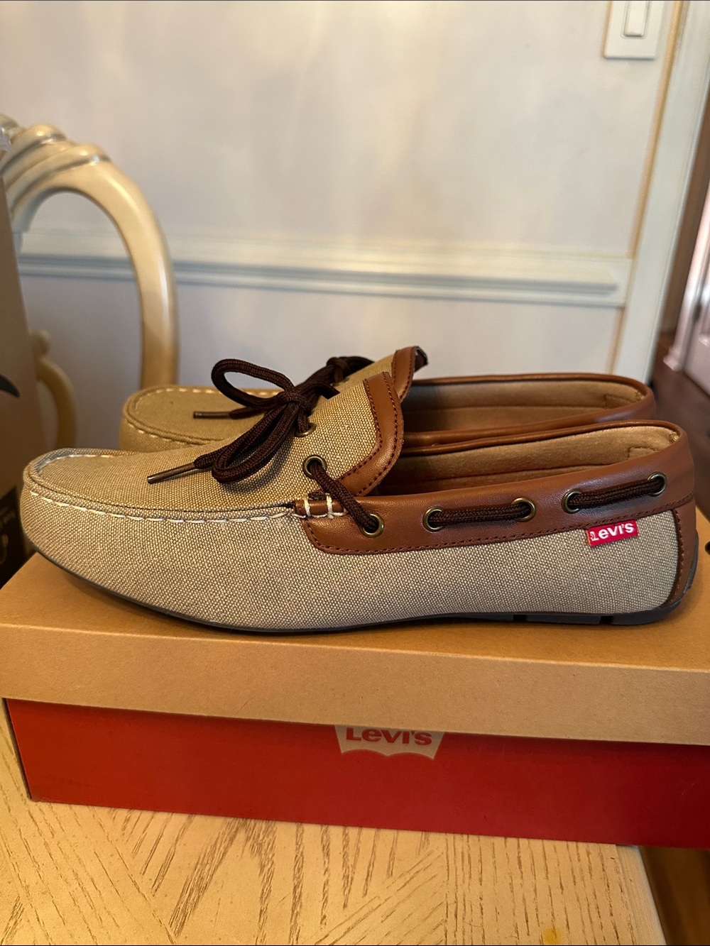 Levi's Men's Tan Canvas with Brown Leather-Trim Boat Shoes